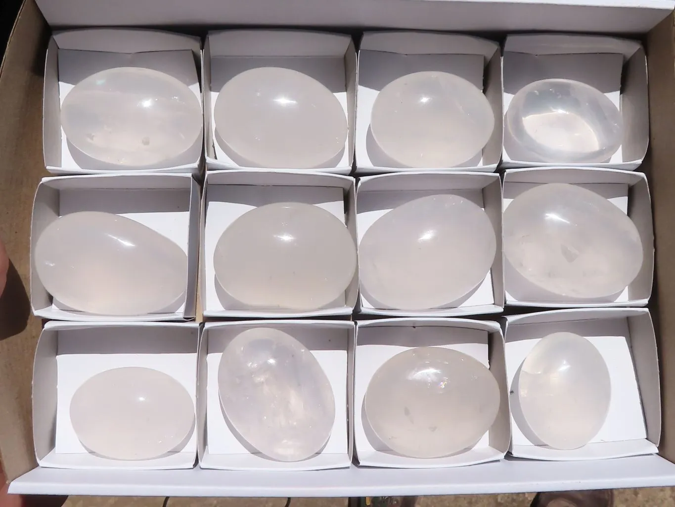 Polished Large Girasol Pearl Quartz Galet / Palm Stones x 12 From Ambatondrazaka, Madagascar
