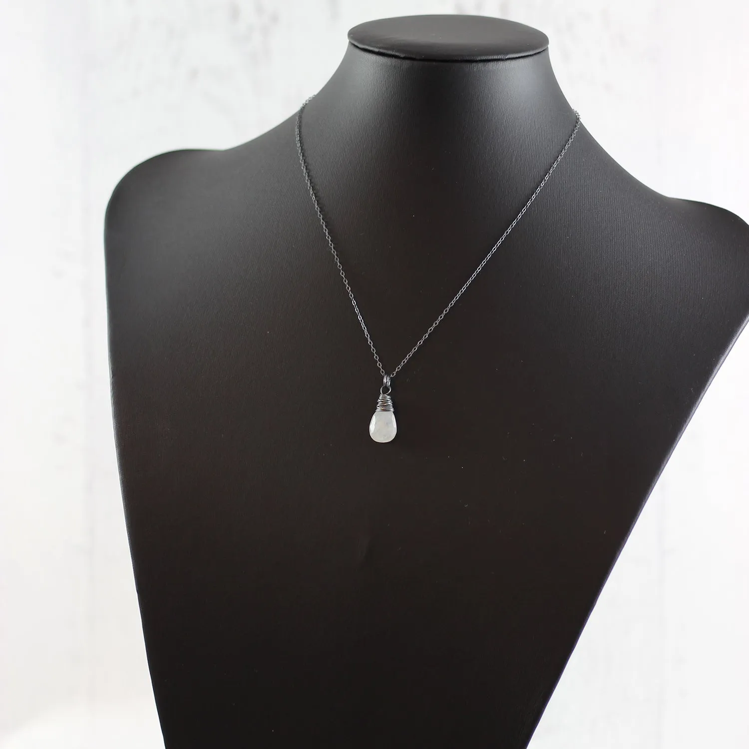 Rainbow Moonstone Oxidized Teardrop Pendant Necklace