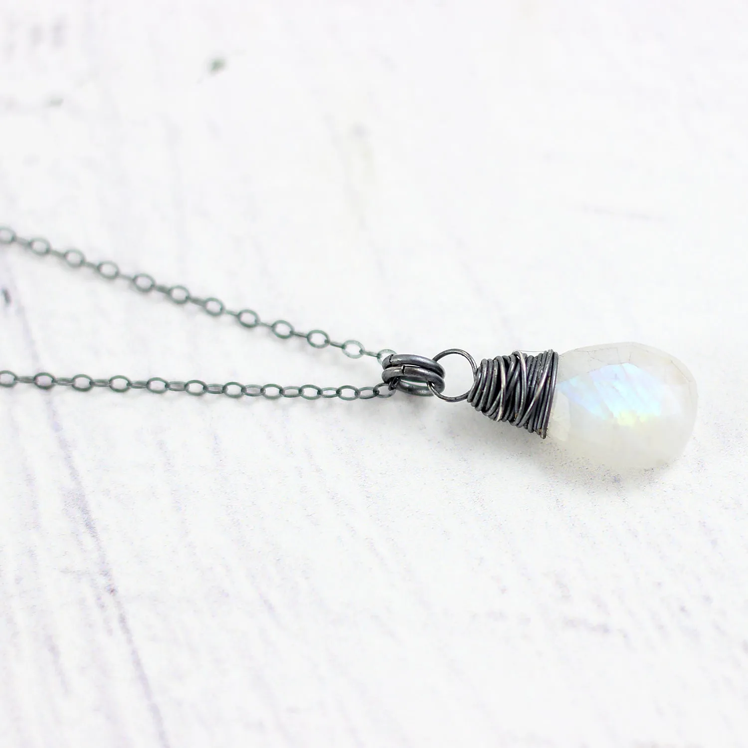 Rainbow Moonstone Oxidized Teardrop Pendant Necklace
