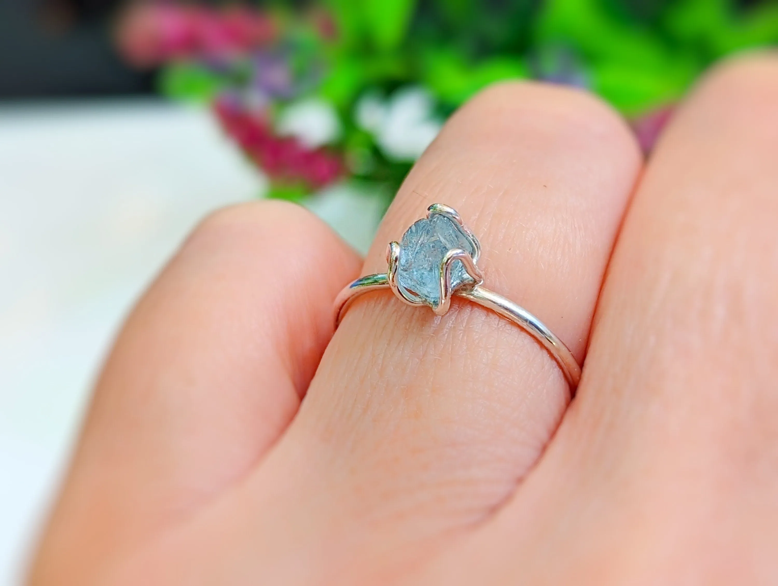 Raw Aquamarine flower ring