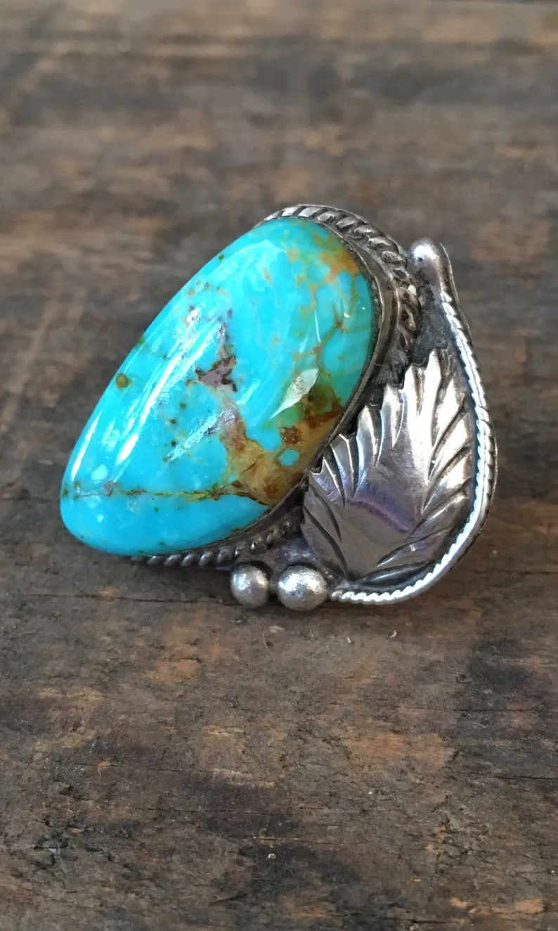 RING IT ON 1950s Silver Feather and Turquoise, Sz 5