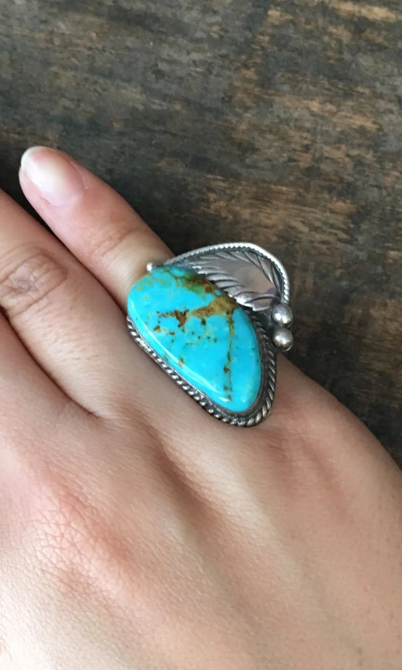 RING IT ON 1950s Silver Feather and Turquoise, Sz 5