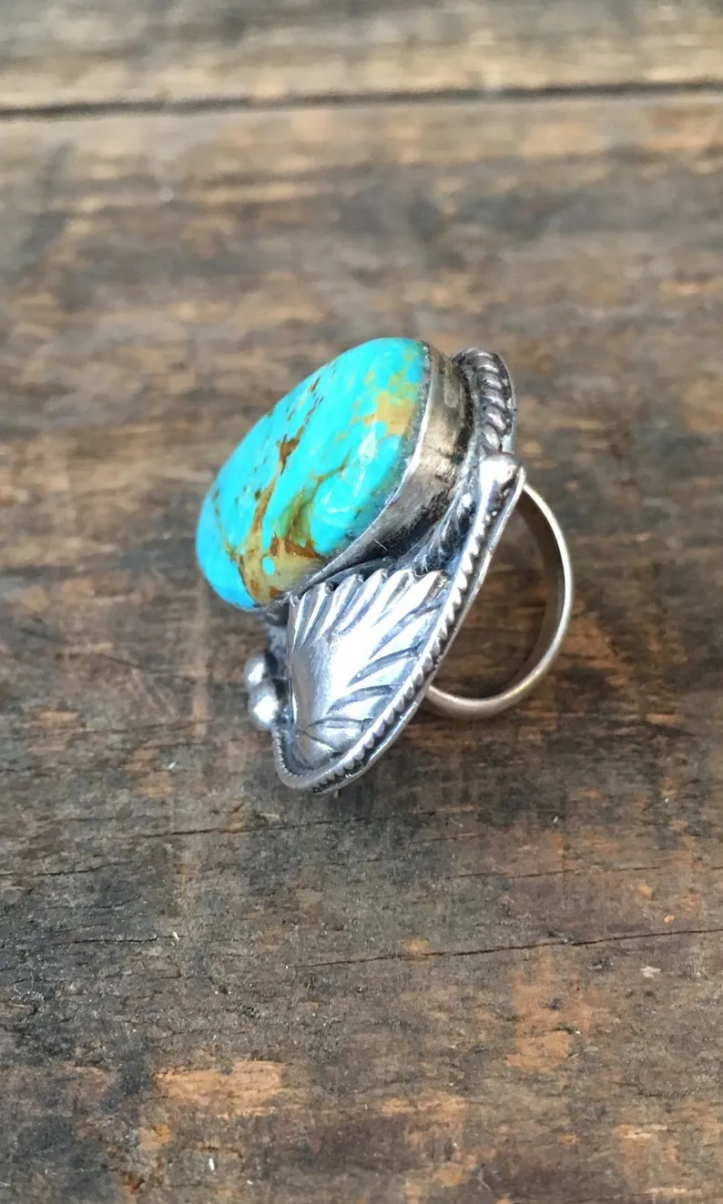 RING IT ON 1950s Silver Feather and Turquoise, Sz 5