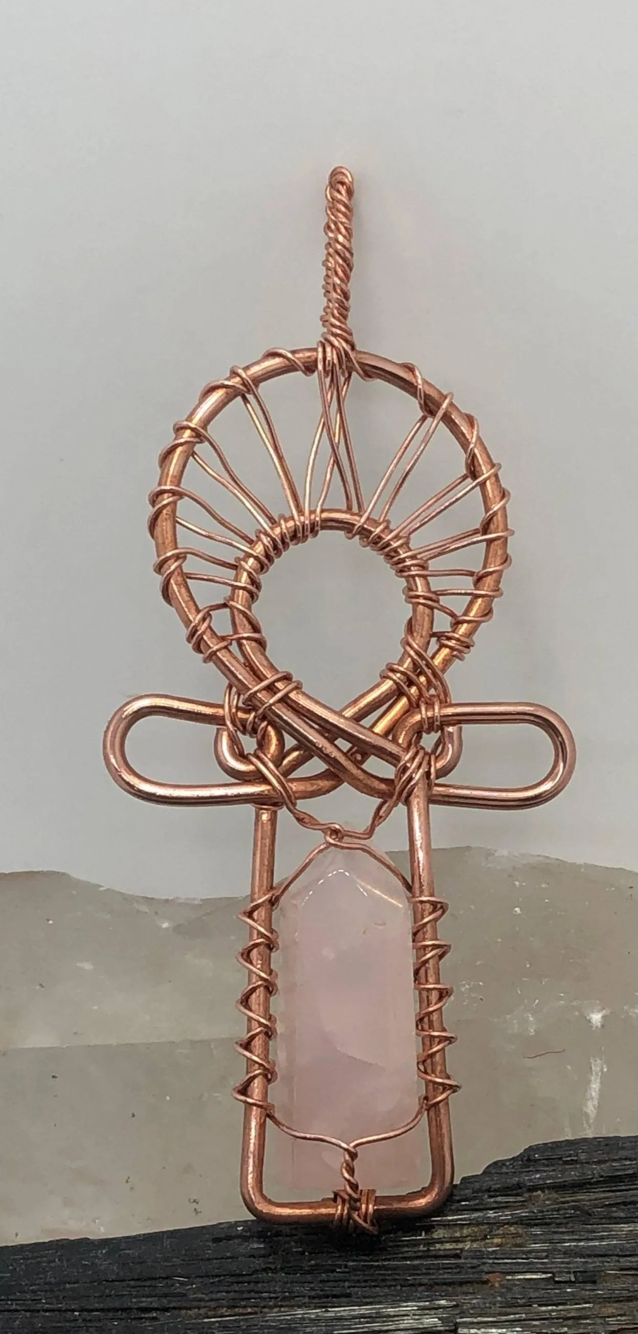 Rose Quartz Blade Copper Ankh Wirewrapped Pendant
