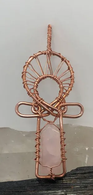 Rose Quartz Blade Copper Ankh Wirewrapped Pendant