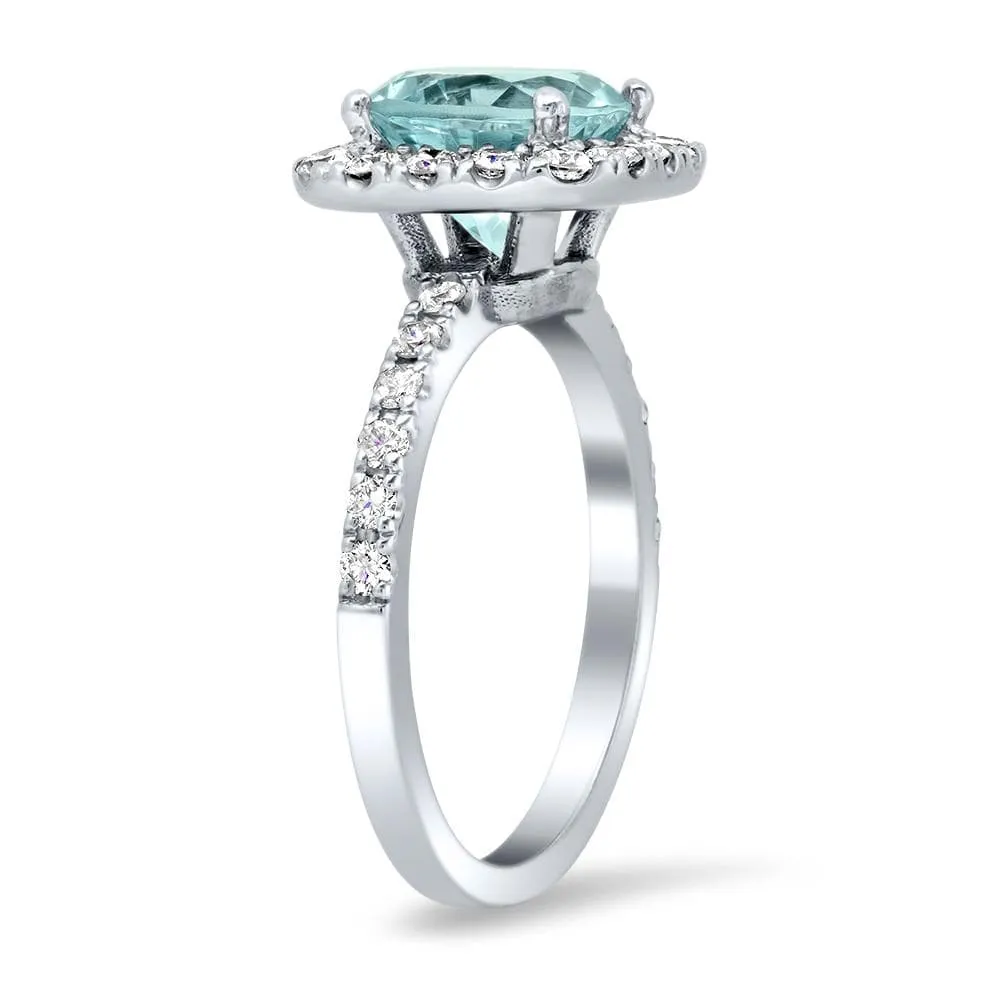 Round Diamond Halo and Aquamarine Engagement Ring