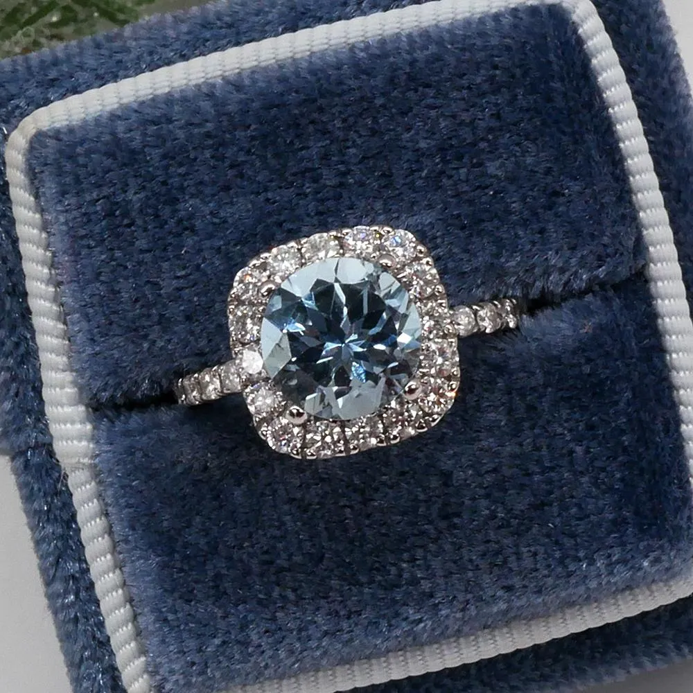 Round Diamond Halo and Aquamarine Engagement Ring