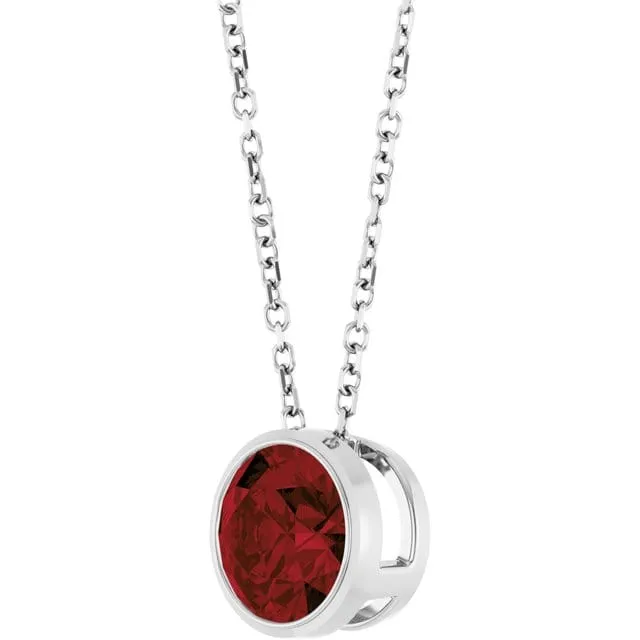 Round Garnet Sterling Silver Slide Pendant Necklace