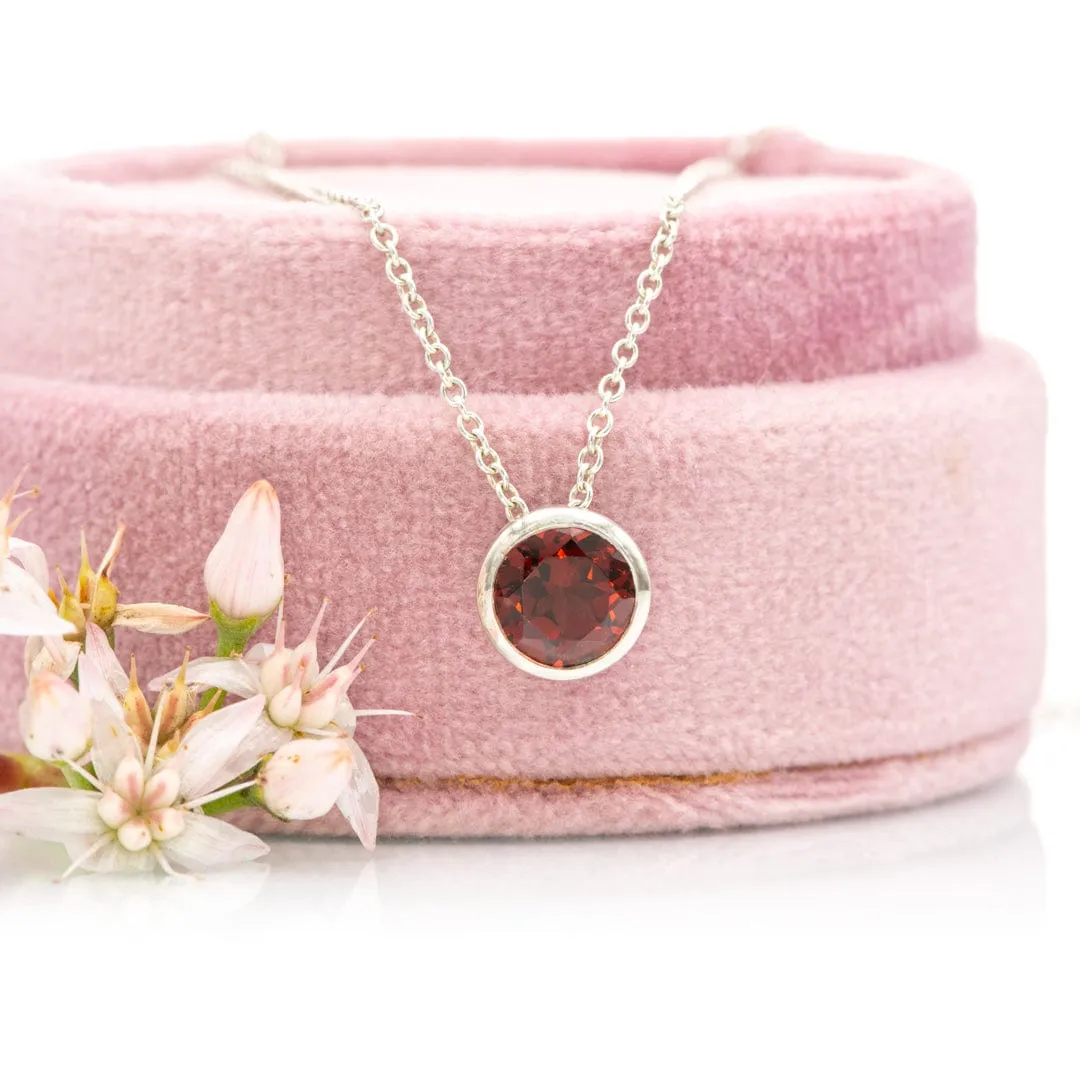 Round Garnet Sterling Silver Slide Pendant Necklace