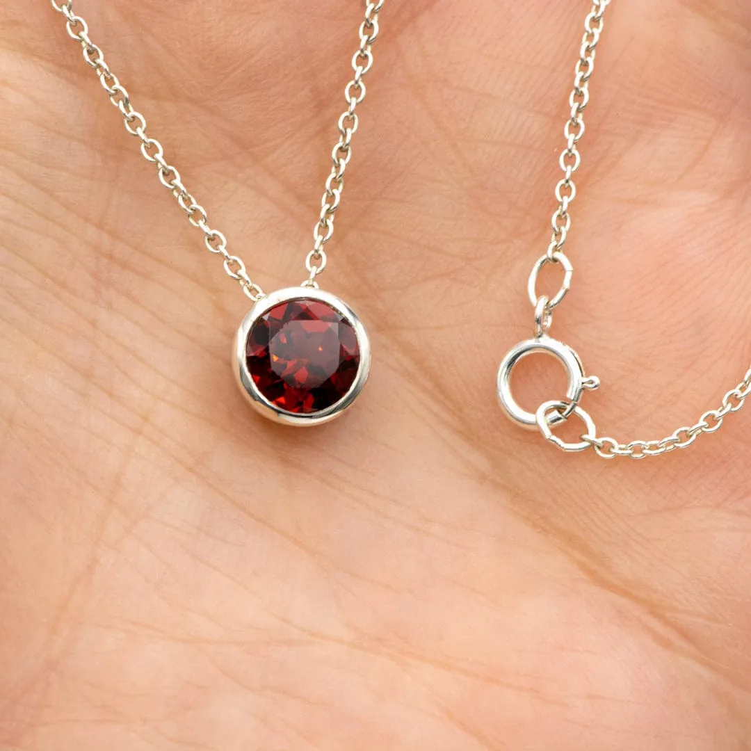 Round Garnet Sterling Silver Slide Pendant Necklace