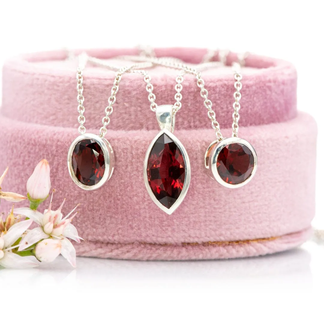 Round Garnet Sterling Silver Slide Pendant Necklace