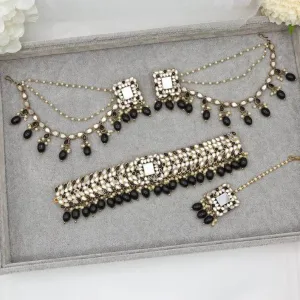 Sara Antique Gold Mirror Choker Necklace Set - Black