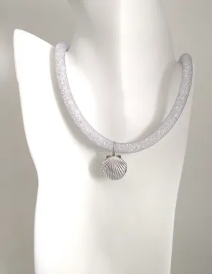 Silver Crystal Mesh Clamshell Locket Necklace