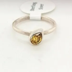 Silver Yellow Topaz CZ Pear Stacking ring