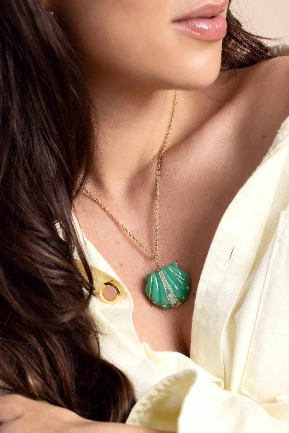 Small Chrysoprase Moonstone Diamond Shell Pendant Necklace