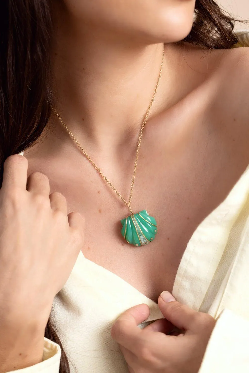 Small Chrysoprase Moonstone Diamond Shell Pendant Necklace