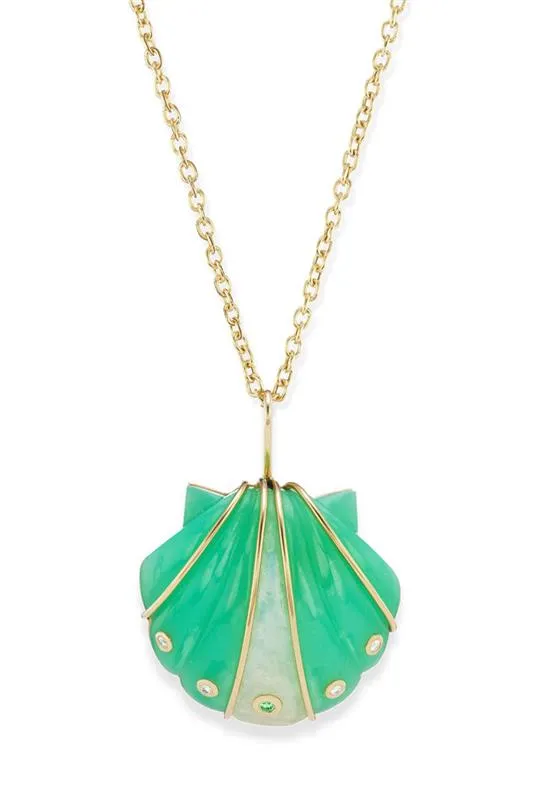 Small Chrysoprase Moonstone Diamond Shell Pendant Necklace