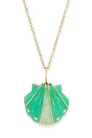 Small Chrysoprase Moonstone Diamond Shell Pendant Necklace