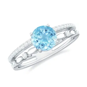 Solitaire Aquamarine and Diamond Double Band Ring