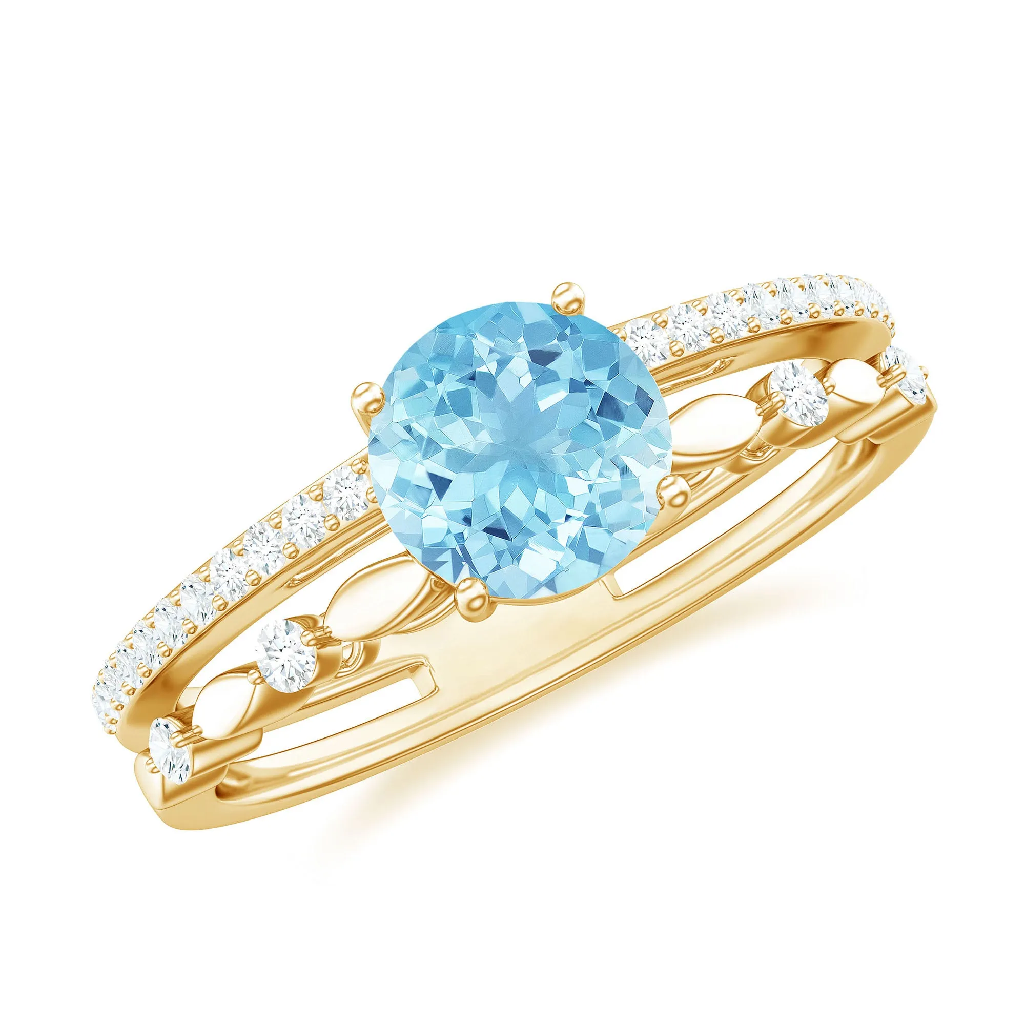 Solitaire Aquamarine and Diamond Double Band Ring