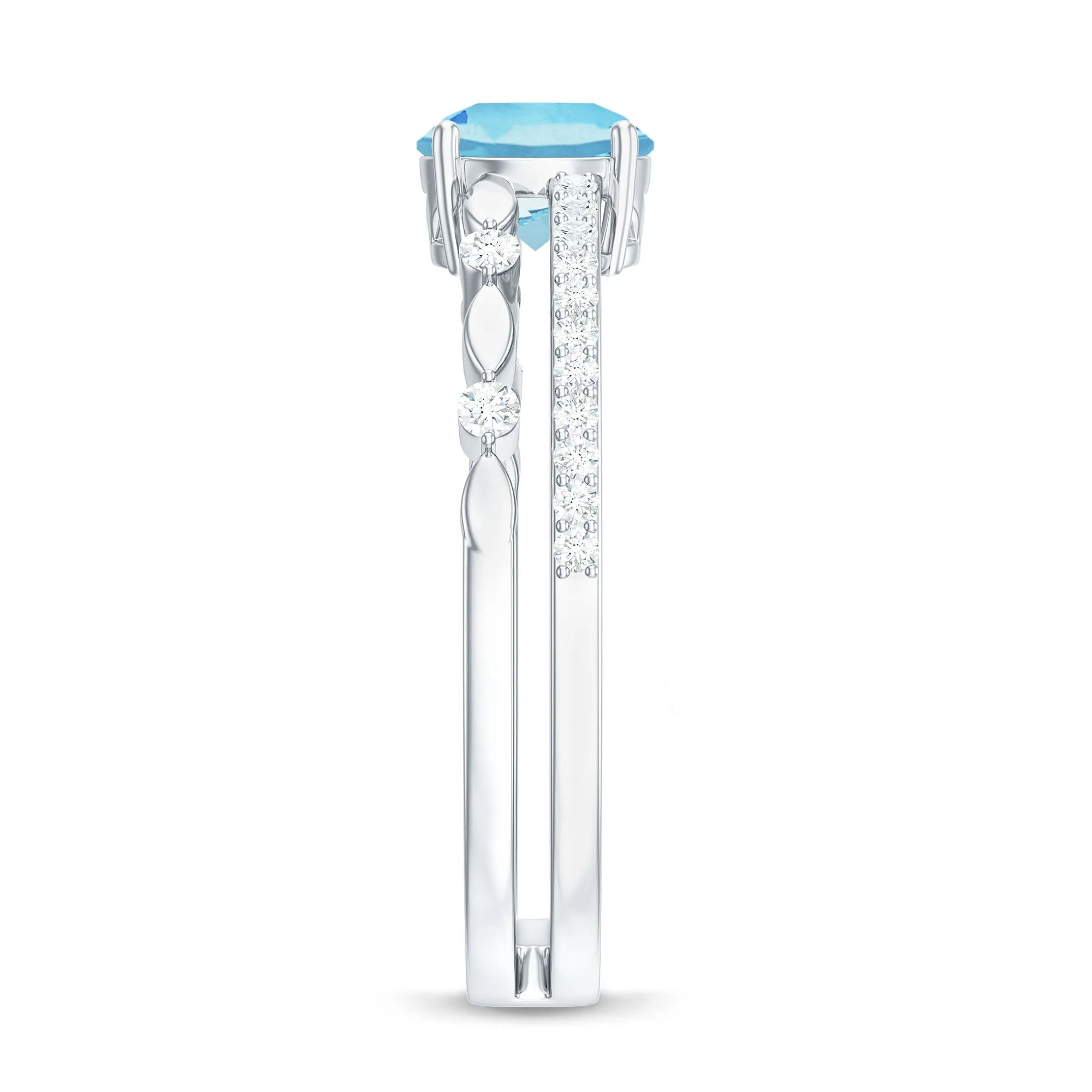 Solitaire Aquamarine and Diamond Double Band Ring