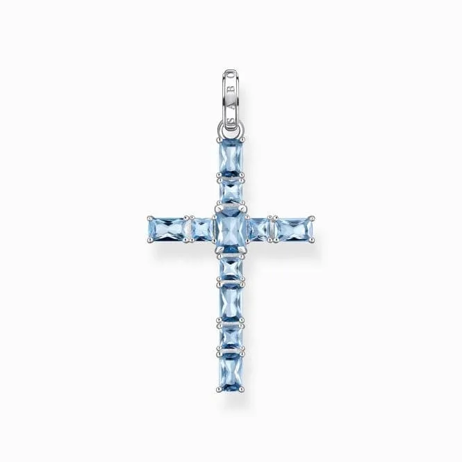 Sterling Silver Aquamarine Coloured Cross Pendant PE939-009-1