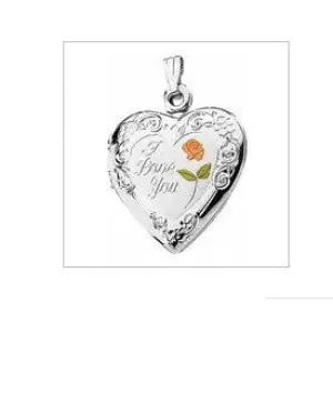 Sterling Silver Enameled Roses "I Love You" Heart Locket