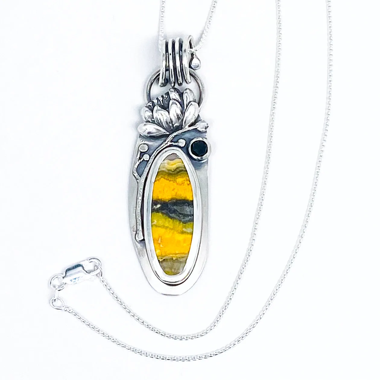 Sterling Silver Lotus Bumblee Bee Jasper and Pearl Pendant Necklace