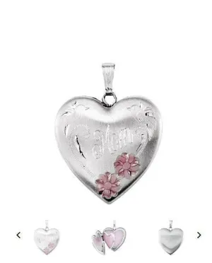 Sterling Silver  Mom Heart Locket with Enameled Flowers