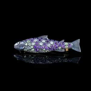 Suffragette Fish Brooch Amethyst Peridot 18Ct Gold On Silver