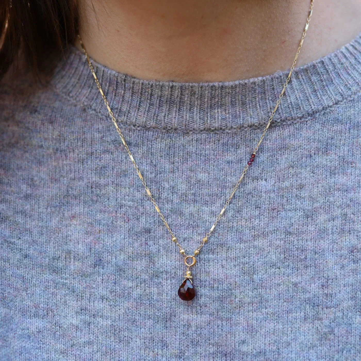 Tiny Red Garnet Drop Necklace