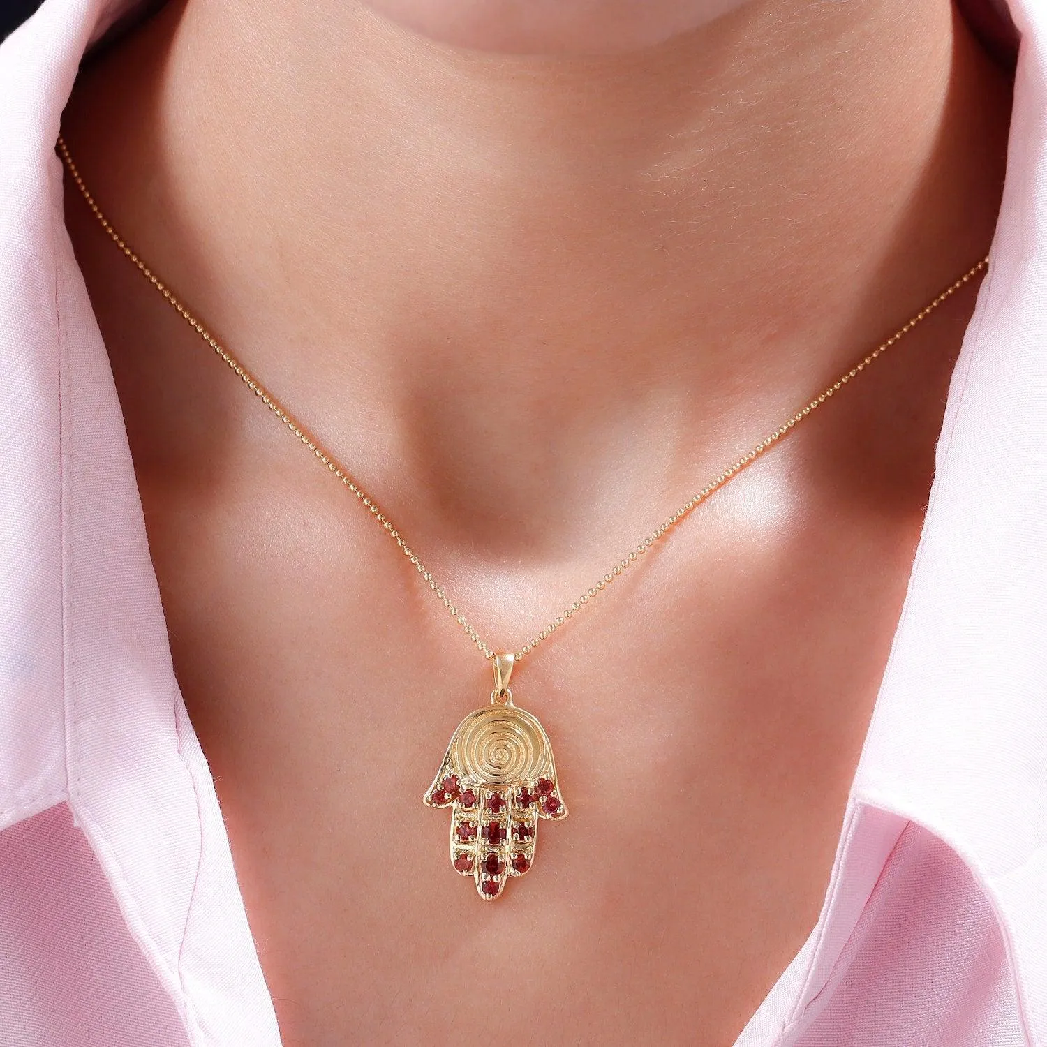 Unique Hamsa Pendant, Red Garnet Hamsa Pendant in 18K Yellow Gold Plated 925 Sterling Silver, Meaningful Jewellery , Hamsa Necklace