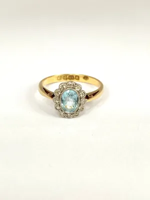 Vintage, (1940s) Aquamarine and Diamond Cluster Ring, Hallmarked, 18ct Gold, Chester, 1926