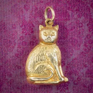 Vintage 9ct Gold Cat Charm Pendant Dated 1974