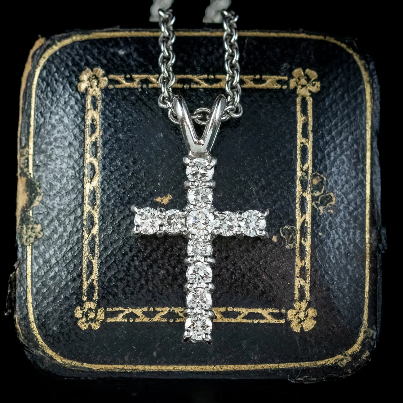 Vintage Diamond Cross Pendant Necklace Platinum 0.88ct Diamond
