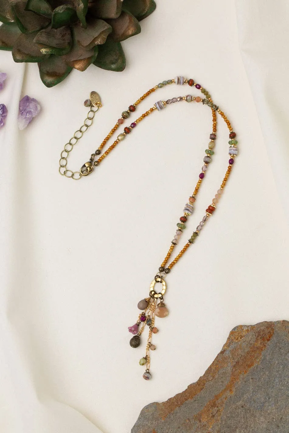Wildflower, Shell, Wood With Chocolate Moonstone And Faceted Crystal Cluster Necklace