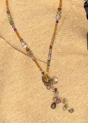 Wildflower, Shell, Wood With Chocolate Moonstone And Faceted Crystal Cluster Necklace