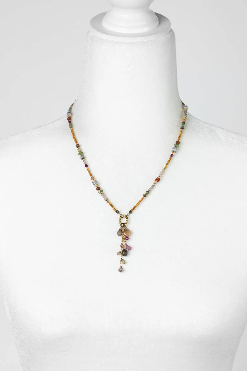 Wildflower, Shell, Wood With Chocolate Moonstone And Faceted Crystal Cluster Necklace