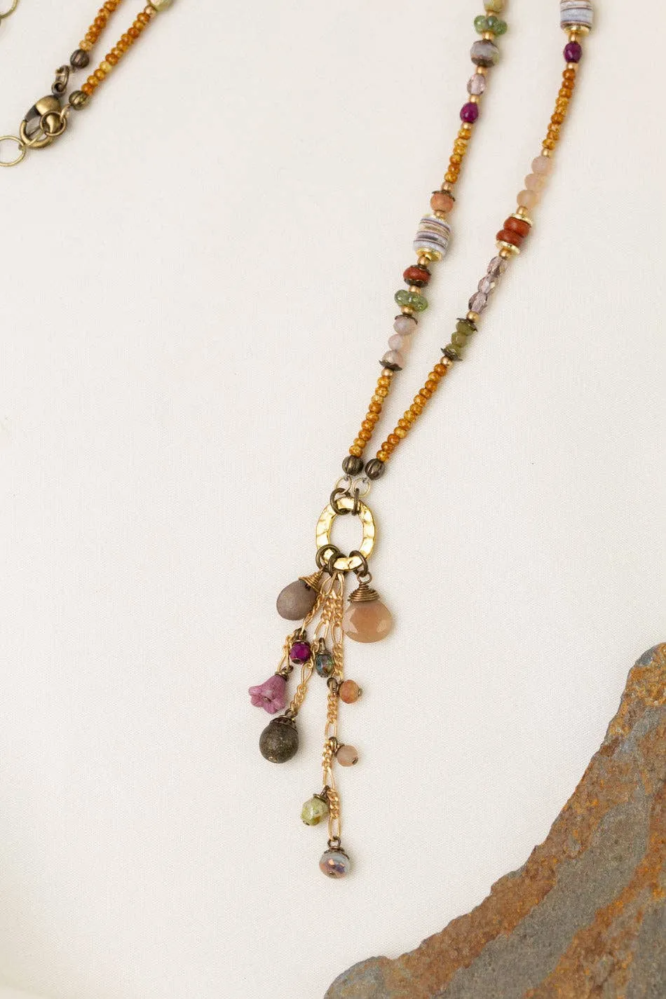 Wildflower, Shell, Wood With Chocolate Moonstone And Faceted Crystal Cluster Necklace