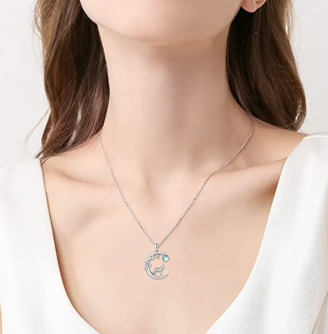 Wolf Howling Moon Pendant Moonstone Necklace Wolf Jewelry Celtic Nordic Viking Ruins Hunter Norse Gift 925 Sterling Silver Chain 20in.