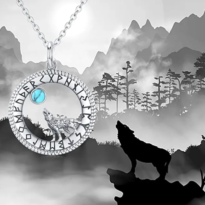 Wolf Howling Moon Pendant Moonstone Necklace Wolf Jewelry Celtic Nordic Viking Ruins Hunter Norse Gift 925 Sterling Silver Chain 20in.