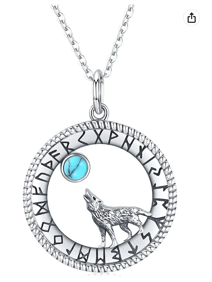 Wolf Howling Moon Pendant Moonstone Necklace Wolf Jewelry Celtic Nordic Viking Ruins Hunter Norse Gift 925 Sterling Silver Chain 20in.