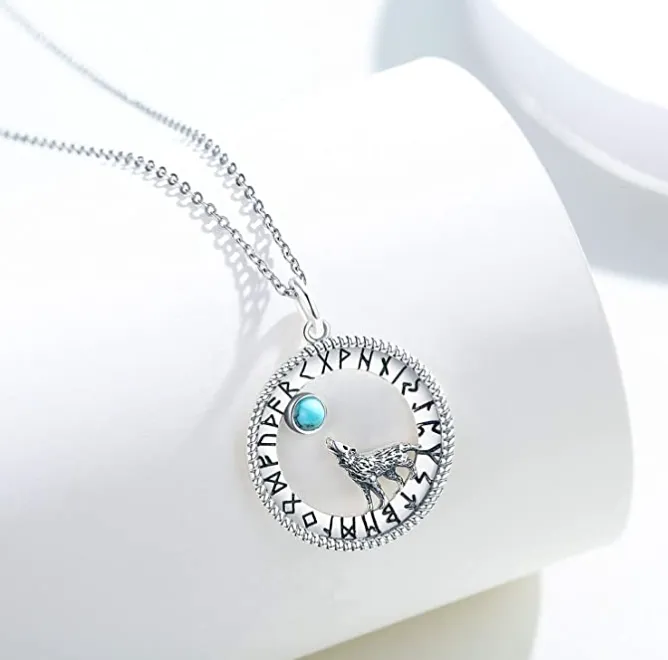 Wolf Howling Moon Pendant Moonstone Necklace Wolf Jewelry Celtic Nordic Viking Ruins Hunter Norse Gift 925 Sterling Silver Chain 20in.