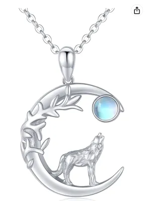 Wolf Howling Moon Pendant Moonstone Necklace Wolf Jewelry Celtic Nordic Viking Ruins Hunter Norse Gift 925 Sterling Silver Chain 20in.