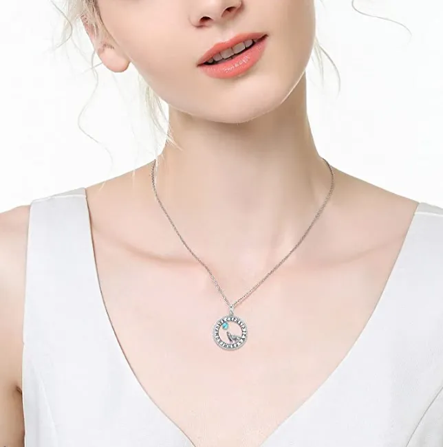 Wolf Howling Moon Pendant Moonstone Necklace Wolf Jewelry Celtic Nordic Viking Ruins Hunter Norse Gift 925 Sterling Silver Chain 20in.