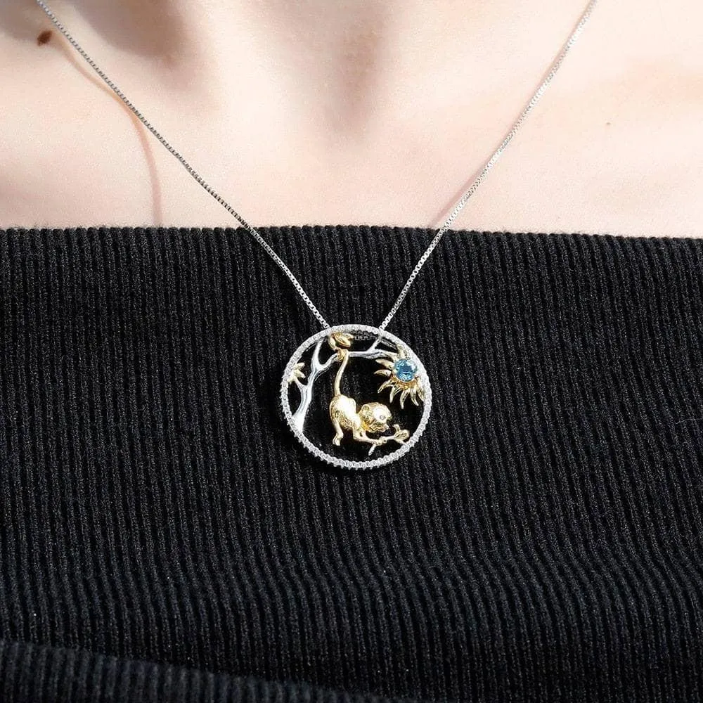 Year Of The Monkey-Natural Swiss Blue Topaz Handmade Monkey Necklace